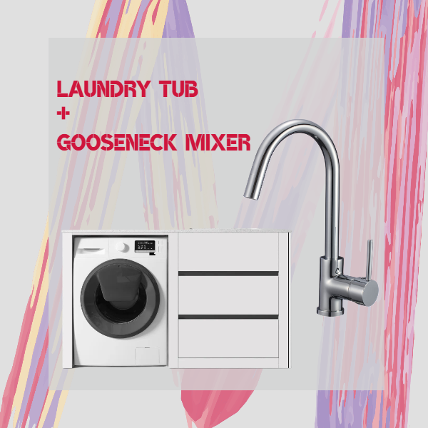 1500mm White Laundry Tub+ Washing Machine + Basin Mixer Combo Midea Homes